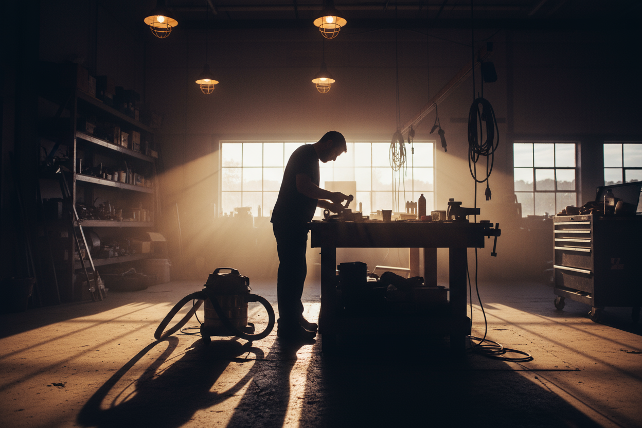 create a workbench area where a silouhette of a man is working with a shop vac near his foot